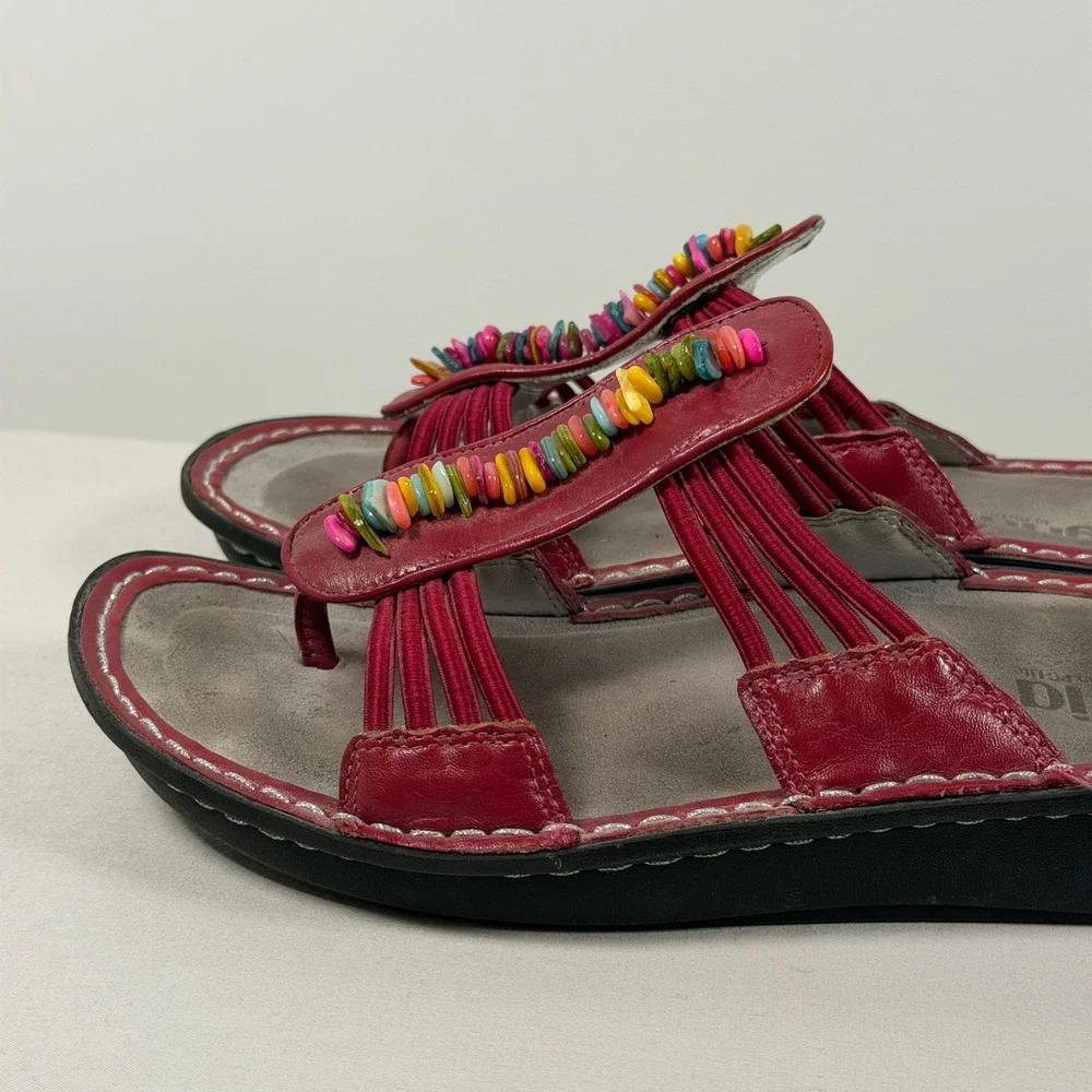 Alegria Red Leather Beaded Sandals PIS-615 Womens 39 Multi-Color Boho Slide